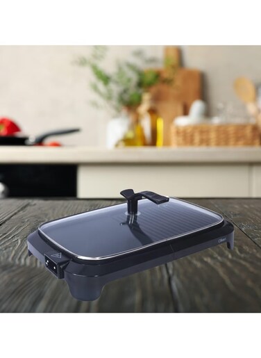 Non-Stick Coated Electric BBQ Grill with Lid &ndash; Features Adjustable Temperature Control, Drip Tray, and Detachable Grill Plate for Easy Cooking and Cleaning.