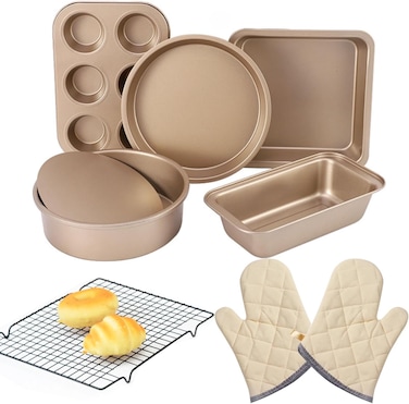 مجموعة أدوات الخبز غير اللاصقة - قوالب خبز من الفولاذ الكربوني مكونة من 7 قطع   تتضمن صينية بيتزا، قوالب كيك مستديرة ومربعة، قالب خبز، قالب مافن سعة 6 أكواب، رف تبريد وقفازات فرن.
