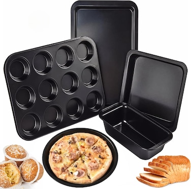 مجموعة أدوات الخبز غير اللاصقة - مجموعة قوالب الخبز من الفولاذ الكربوني المكونة من 5 قطع   تتضمن صينية بيتزا، قالب كيك مربع، قالب خبز، قالب مافن سعة 12 كوبًا، وصينية خبز البسكويت.