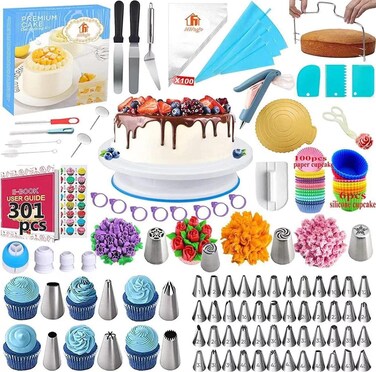 Cake Decoration Set - 301 PCS Baking Accessories with Swivel Cake Turntable, Airbrush Sprayers, Piping Bags &amp; Nozzles, Cake Scrapers, Icing Spatulas &amp; Decorating Tools