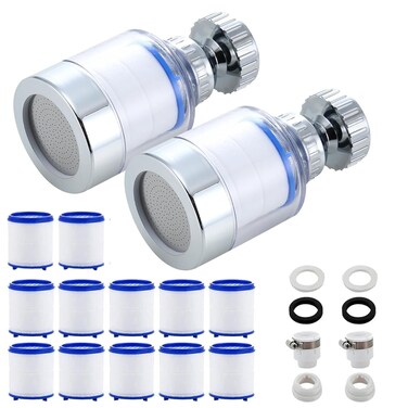 2-Pack Faucet Water Filter with 14 Replacement Cartridges &ndash; 360&deg; Rotating Tap Filtration System Designed for Kitchen and Bathroom Use.
