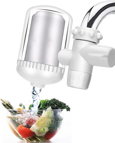 فلتر مياه قابل لإعادة الاستخدام مثبت على الصنبور لمصارف المطبخ - يزيل الكلور والمواد الملوثة والروائح الكريهة.