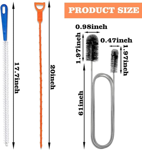 3-Piece Drain Cleaning Kit &ndash; Includes a 155cm Dual-Sided Pipe Cleaning Brush, 45cm Sink Unclogging Brush, and 50cm Hair Removal Tool for Showers, Bathrooms, and Kitchen Drains