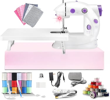 Beginner Sewing Machine with Extension Table &ndash; 2-Speed, 2-Thread Mini Electric Sewing Machine, Portable  with Foot Pedal Perfect for Home Use &amp; Gifting.