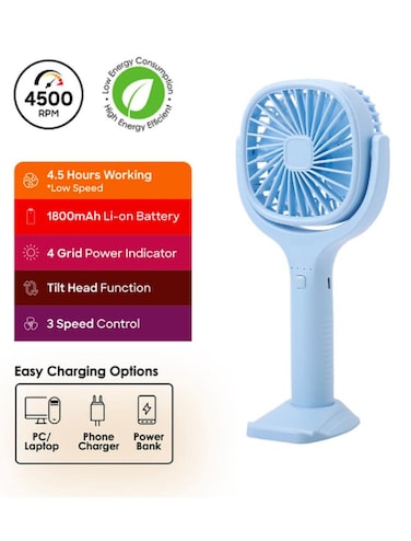 مروحة يدوية قابلة لإعادة الشحن بسرعة 4500 دورة في الدقيقة، ووقت تشغيل 4.5 ساعة، ومؤشر طاقة رباعي الشبكات، ورأس مائل، وتحكم بثلاث سرعات، وشحن من النوع C، وحامل للهاتف المحمول.