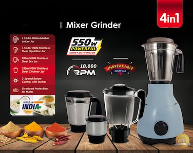 4-in-1 Mixer Grinder with Heavy-Duty Juice Jar, 500W Motor, 3 Stainless Steel Jars + 1 Unbreakable Blender Jar, 2 Years Warranty &ndash; Ideal for Grinding, Blending, Juicing