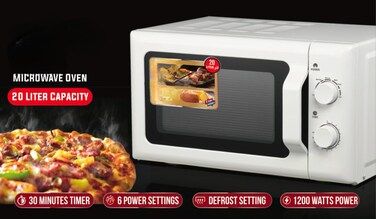 20L Microwave Oven with 1200W Power, 5 Preset Menus, 10 Power Levels &ndash; Grill, Reheat, Defrost, Child Lock, LED Display &ndash; Compact &amp; Energy Efficient