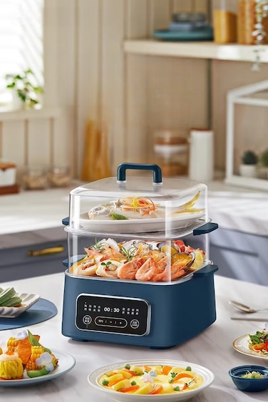 جهاز تبخير كهربائي للطعام - جهاز تبخير ذكي متعدد الوظائف مع إيقاف تشغيل تلقائي، وطهي على مستويين، والحفاظ على الدفء ومؤقت التأخير.