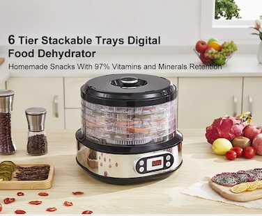 6-Tray Food Dehydrator Machine &ndash; Adjustable Temperature Control (95&deg;F&ndash;165&deg;F) &amp; 24-Hour Timer &ndash; for Drying Fruits, Vegetables, Jerky.