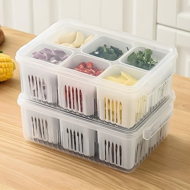 Airtight Food Storage Containers with Lids (6-Piece Set) &ndash; Divided Fresh-Keeping Container for Fridge Organization &ndash; Perfect for Onion, Garlic, Ginger, Cherry, Berries, Snacks.