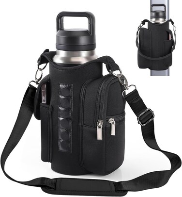 Magnetic Water Bottle Holder for Gym &ndash; Black Bottle Pouch with Shoulder Strap, 5 Built-in Magnets &amp; Phone Pockets &ndash; Gym Accessories Organizer for Men &amp; Women, Fits 20-32oz