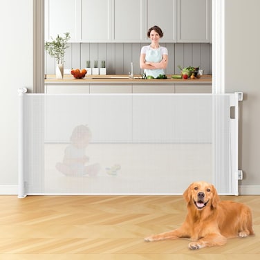 Retractable Baby Gate &amp; Dog Gate &ndash; Extra Wide (Extends to 150cm), 85.6cm Tall Mesh Safety Barrier for Doorways, Hallways &amp; Stairs &ndash; No Drill Installation for Kids &amp; Pets