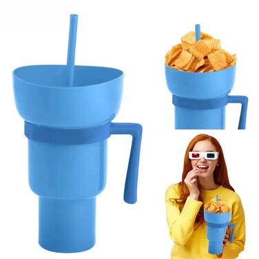 2-in-1 Stadium Tumbler with Snack Bowl &ndash; 20oz Leakproof Snack &amp; Drink Cup &ndash; Reusable Travel Cup with Straw for Adults &amp; Kids.