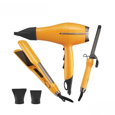 Professional Hair Care Set - 1600W Hair Dryer with 2 Styling Irons (Straightener &amp; Curler) - Salon-Quality Styling Kit with Ionic Technology - Yellow &amp; Black
