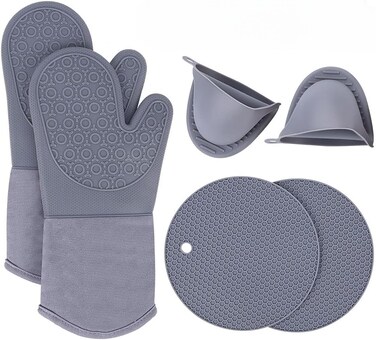 Oven Gloves Set (3-Piece) &ndash; Extra Long Heat Resistant Mitts (500&deg;F/260&deg;C) with Silicone Pot Holder &amp; Insulation Mat.