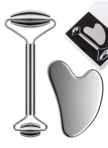 Stainless Steel Gua Sha &amp; Facial Roller Set &ndash; Anti-Aging Face &amp; Body Massager for Wrinkles, Puffiness, Muscle Relief &ndash; Cooling Skincare Tools for Lymphatic Drainage