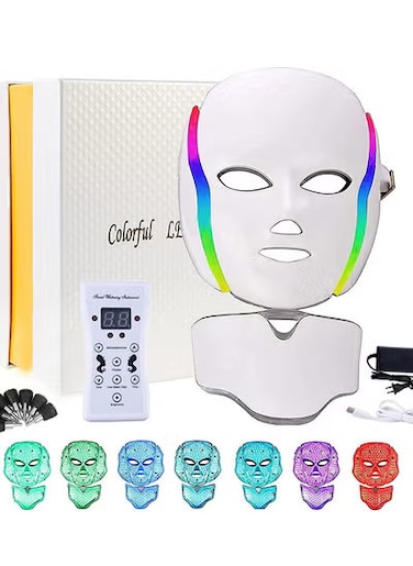 LED Face Mask Light Therapy &ndash; 7 Color Photon Skin Rejuvenation Mask for Face &amp; Neck, Red &amp; Blue Light Therapy for Anti-Aging, Acne, Wrinkles, Home Facial Skin Care Tool
