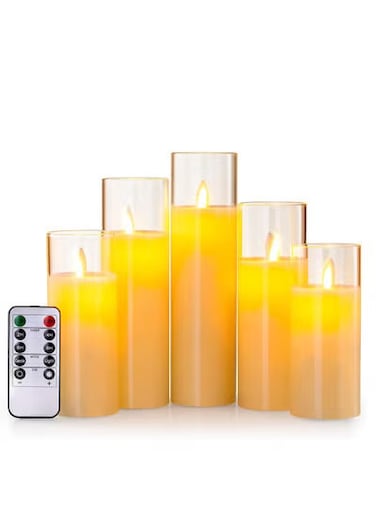 LED Flameless Pillar Candles Set of 5 &ndash; Battery Operated with Remote and Timer, 3D Flickering Flame, Plexiglass Candles for Home, Wedding, Holiday