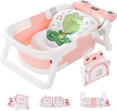 حوض استحمام قابل للطي للأطفال مع وسادة ومقياس حرارة - حوض استحمام محمول للأطفال الرضع مع فتحة تصريف، غير قابل للانزلاق، حوض استحمام متين للأطفال حديثي الولادة وحتى الأطفال الصغار