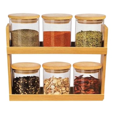 6 برطمانات توابل زجاجية مع أغطية ومنظم رفوف توابل خشبي من طبقتين - تخزين على سطح العمل أو الخزانة لأعشاب المطبخ والتوابل - زجاجات زجاجية قابلة لإعادة التعبئة مع ملصقات