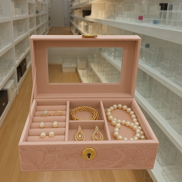 Luxury Jewelry Organizer Box &ndash; Double Layer Jewelry Tray for Women, Necklace Holder, Ring &amp; Earring Organizer, Best Jewelry Storage for Drawer, Pearl Pink

