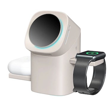 شاحن لاسلكي 3 في 1 مع دوران تلقائي ومروحة تبريد وإضاءة LED ليلية - قاعدة شحن سريعة لساعة Apple Watch وساعة Samsung وسماعات الأذن والهواتف - 3 محركات مدمجة