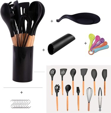 مجموعة أدوات مطبخ من السيليكون مكونة من 16 قطعة أدوات طهي مقاومة للحرارة بمقبض خشبي تتضمن ملعقة مسطحة ومقلاة وملقط ومغرفة وملعقة قياس وخطافات حامل