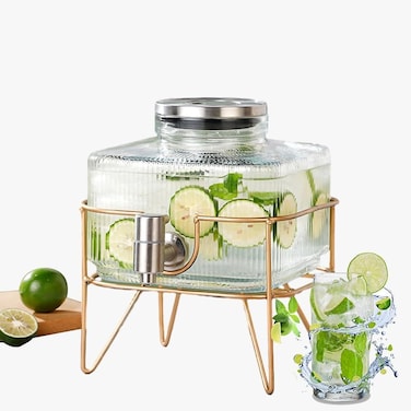 Thick Glass Drink Dispenser with Iron Frame &ndash; Leak-Proof Large Diameter Beverage Dispenser for Parties, Lemonade, Juice, Liquor &ndash; Anti-Blocking Spout, Easy to Clean