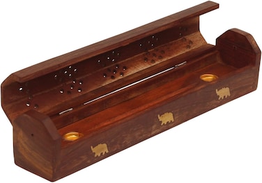 Wooden Coffin Incense Burner with Elephant Inlays &ndash; Decorative Incense Holder with Storage Compartment, Handcrafted Aromatherapy Essential Oil Diffuser