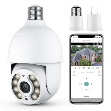 2K Light Bulb Security Camera &ndash; Wireless Outdoor 360&deg; Pan/Tilt IP Security Cam with Motion Tracking, Siren Alarm, Color Night Vision, 2-Way Audio