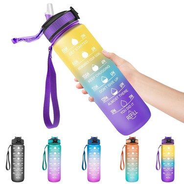 1L Motivational Water Bottle with Straw &amp; Time Marker &ndash; Leakproof Sports Drink Bottle with Secure Locking Lid, BPA-Free Tritan Plastic for Gym, Running, Cycling, School