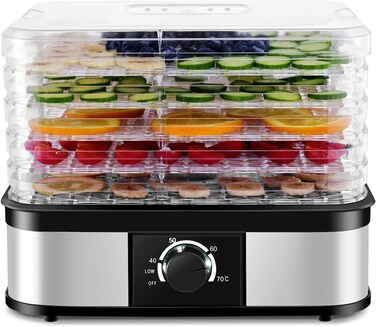 Electric Food Dehydrator Machine with 5 Stackable Trays &ndash; Adjustable Temperature Control 104&deg;F&ndash;158&deg;F for Drying Fruit, Vegetables, Herbs, Jerky, Pet Treats