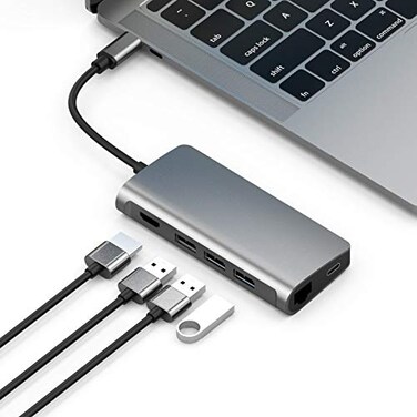 محول USB C Hub 8 في 1 T7 - ​​من النوع C إلى 3 منافذ USB 3.0، HDMI، RJ45 Ethernet، USB-C PD، قارئ بطاقات SD/TF - محطة إرساء متعددة المنافذ لأجهزة MacBook وDell وHP وiPad Pro