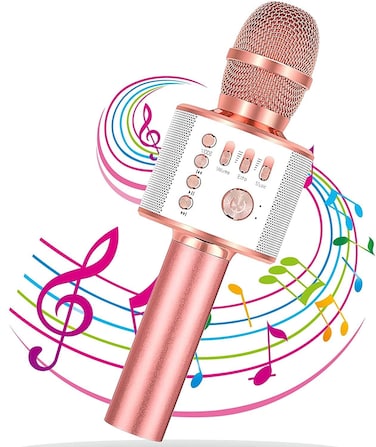 ميكروفون كاريوكي لاسلكي يعمل بتقنية البلوتوث للأطفال والكبار - ميكروفون محمول 4 في 1، مكبر صوت، مغير صوت، مع مسجل، أضواء LED، لأجهزة أندرويد/iOS، (وردي)