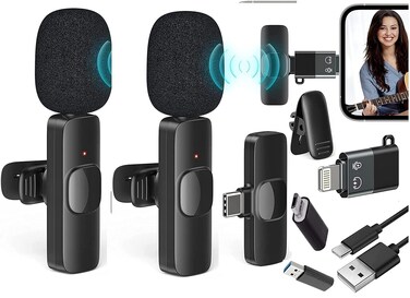 Dual Wireless Microphone System for iOS &amp; Lighting Devices &ndash; Mini Portable Clip-on Mic with Receiver for Vlogging, YouTube, Online Classes &amp; Zoom Calls
