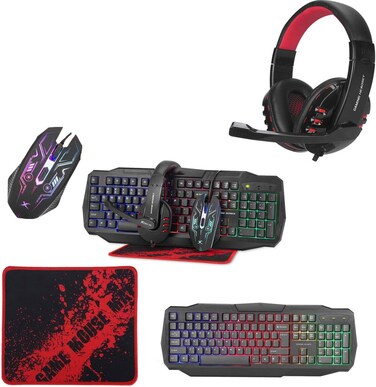Gaming Keyboard Mouse Headset Combo &ndash; 4-in-1 RGB Backlit Wired Set, 104-Key Rainbow Keyboard, DPI Adjustable Mouse, Noise-Cancelling Headset
