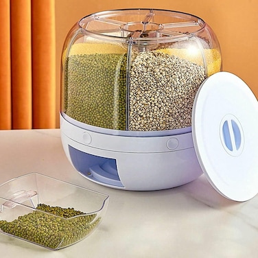 Automatic 10kg Dry Food Storage Dispenser &ndash; 360&deg; Rotating Plastic Cereal, Rice, Grain Dispenser with Measuring Cup, Airtight Container for Kitchen Pantry
