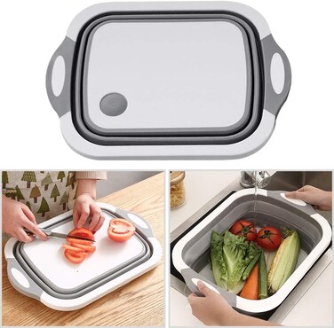 Collapsible Cutting Board with Colander &ndash; 3-in-1 Foldable Chopping Board, Washing Bowl &amp; Draining Basket &ndash; Silicone Portable Kitchen Sink with Drain Plug