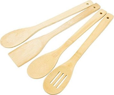 4-Piece Wooden Bamboo Spatula Set &ndash; Non-Toxic, Eco-Friendly Non-Stick Kitchen Utensils with Long Handles &ndash; Natural Wooden Spoons &amp; Turner Set