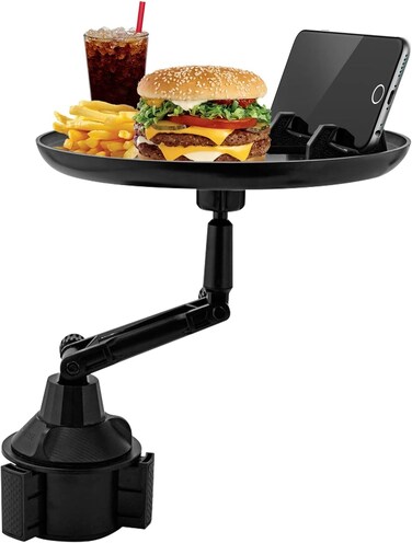 حامل أكواب للسيارة - طاولة طعام للسيارة تدور 360 درجة مع فتحة للهاتف، ارتفاع قابل للتعديل، صينية وجبات خفيفة 8.26 بوصة للمشروبات والوجبات، ملاءمة عالمية