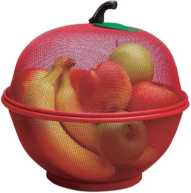 Apple-Shaped Fruit &amp; Vegetable Basket with Mesh Net Cover &ndash; Decorative Countertop Kitchen Stand for Fresh Produce Storage, Fruit Fly Protection, and Air Circulation
