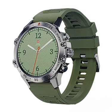 Swiss Military DOM5 Smartwatch 1.43" AMOLED Display &ndash; Bluetooth Calling, Wireless Charging, Multi-Language, Health &amp; Fitness Tracker, Silver Frame with Green Strap
