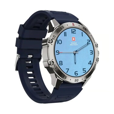 Swiss Military DOM5 Smartwatch 1.43" AMOLED Display &ndash; Bluetooth Calling, Wireless Charging, Fitness &amp; Health Tracker,Silver Frame with Blue Strap
