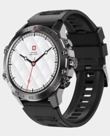 Swiss Military DOM5 Smartwatch 1.43" AMOLED Display &ndash; Bluetooth Calling, Wireless Charging, Heart Rate &amp; Fitness Tracker, &ndash; Silver Frame with Black Strap
