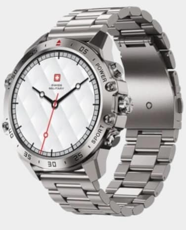 Swiss Military DOM5 Smart Watch 1.43" AMOLED Display &ndash; Silver Frame with Silver Metal Strap   Bluetooth Calling, 7-Day Battery, Wireless Charging, Health &amp; Fitness Tracker
