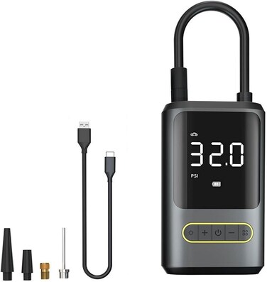ضاغط هواء لاسلكي صغير محمول للسيارة - منفاخ كهربائي رقمي بقوة 80 وات لإطارات السيارات والدراجات النارية والدراجات الهوائية، مضخة إطارات مدمجة مع نفخ سريع، شاشة LED، لون أسود