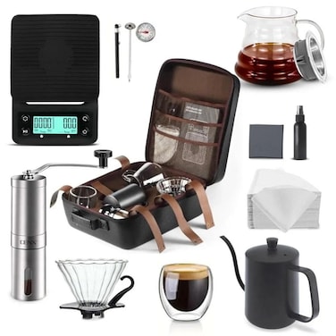 DENX 12-in-1 Portable Coffee Maker Kit &ndash; Complete Manual Drip Coffee Set with Carrying Bag   Includes Pour Over Dripper, Filters, Grinder, Kettle, Cups &amp; Accessories
