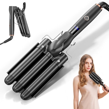 Hair Crimper with 3 Barrel Beach Wave, Foldable 25mm Curling Iron, Adjustable Heat Settings and LCD Temperature Display