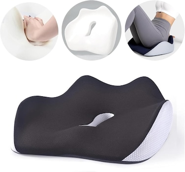 وسادة مقعد من إسفنج الذاكرة العظمي لتخفيف آلام عظم الذنب، وسادة كرسي مريحة للمكتب والمنزل والسيارة والكراسي المتحركة - لون أسود