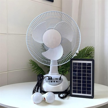 Portable Solar Rechargeable Table Fan with Power Bank Function, USB Rotation Desk Fan with 2 LED Bulbs for Home, Outdoor, and Emergency Use

